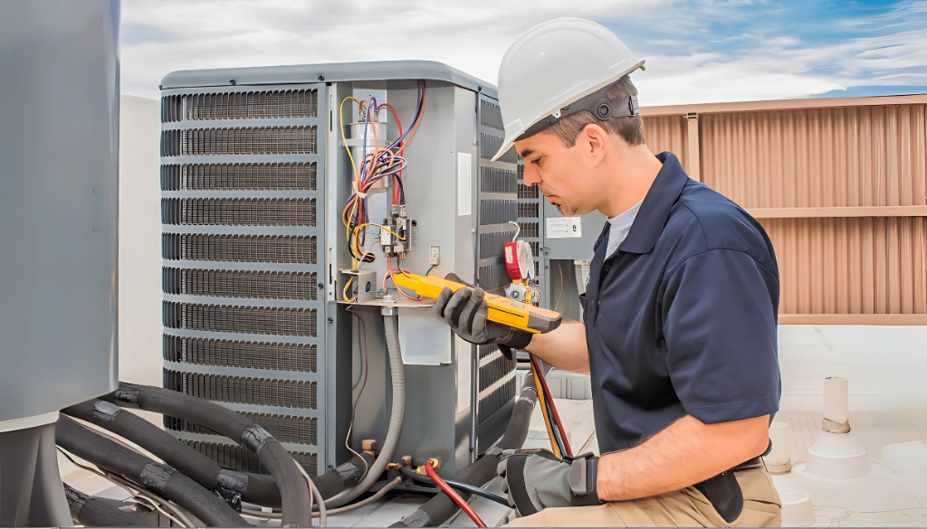 Technician with hard hat repairs outdoor hvac system AC unit using multimeter.