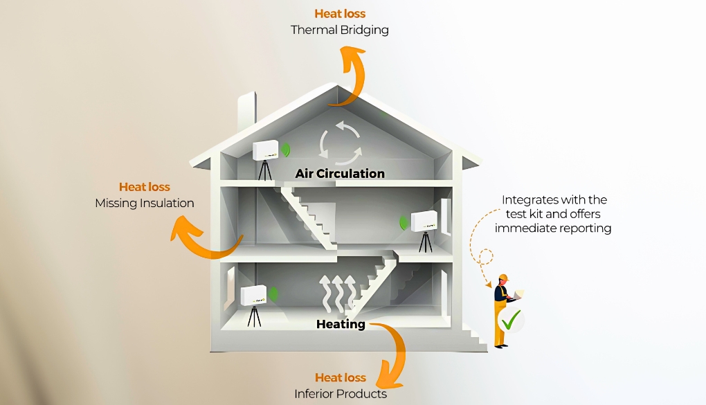 Illustration of a house cross-section highlighting heat loss areas and energy efficiency testing is called heat platform house.