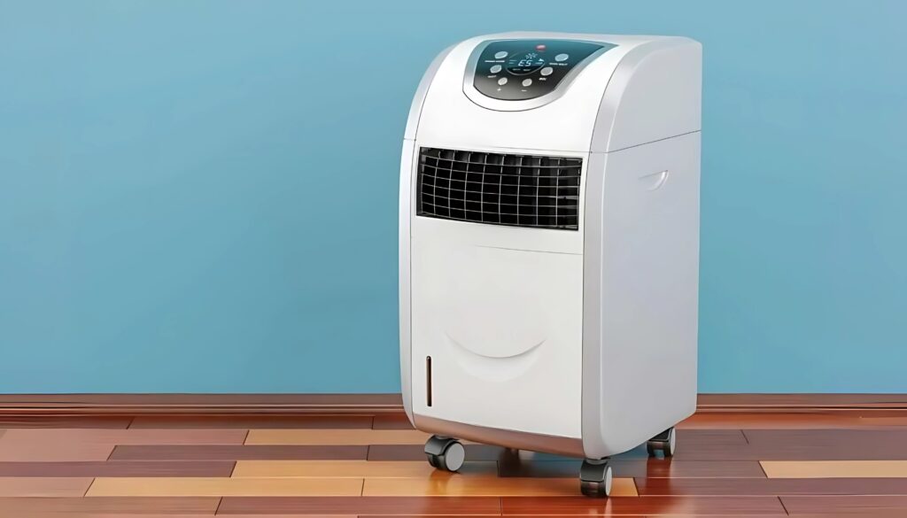 Portable Heat Pump Sulfur Smell on a wooden floor against a blue wall.